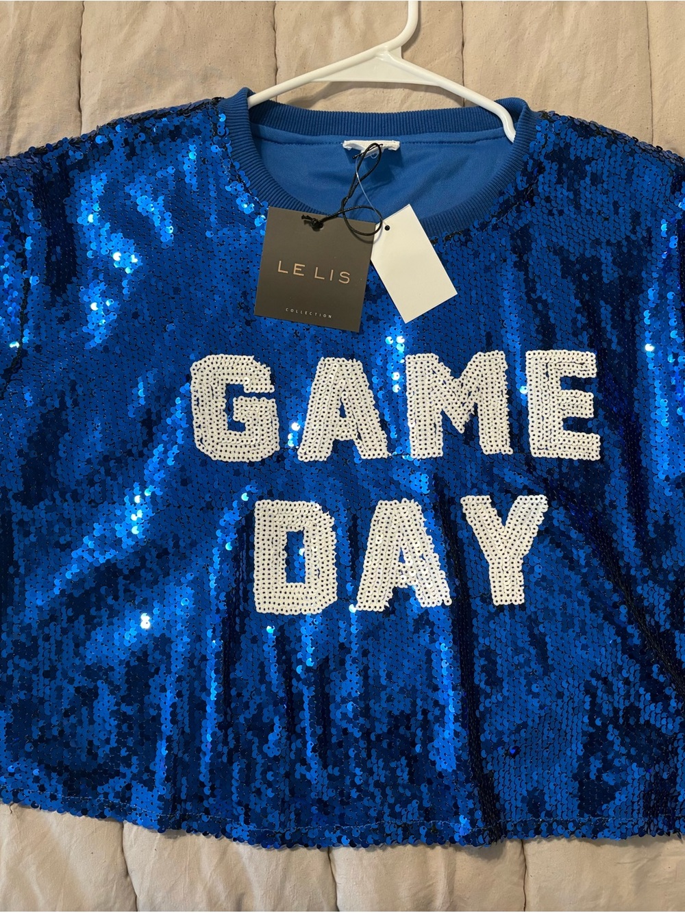 Le Lis Bright Blue Sequin 'GAME DAY' crop top